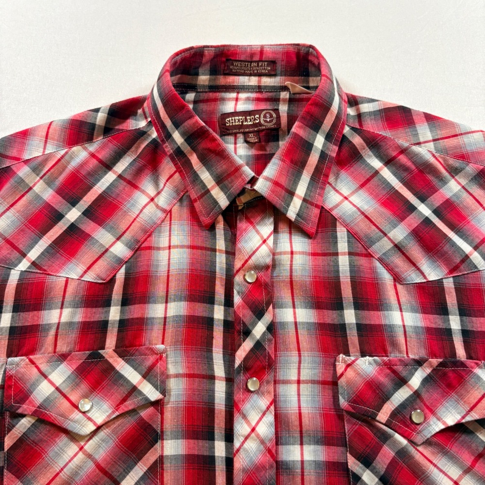 Sheplers Western Shirt Mens XL Red Black Plaid Pearl Snap Short Sleeve Casual